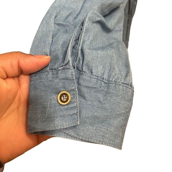 Sacred Threads Dress Womens S/M Chambray Button Up Shirt Hem Roll Tab Sleeves - Picture 5 of 8